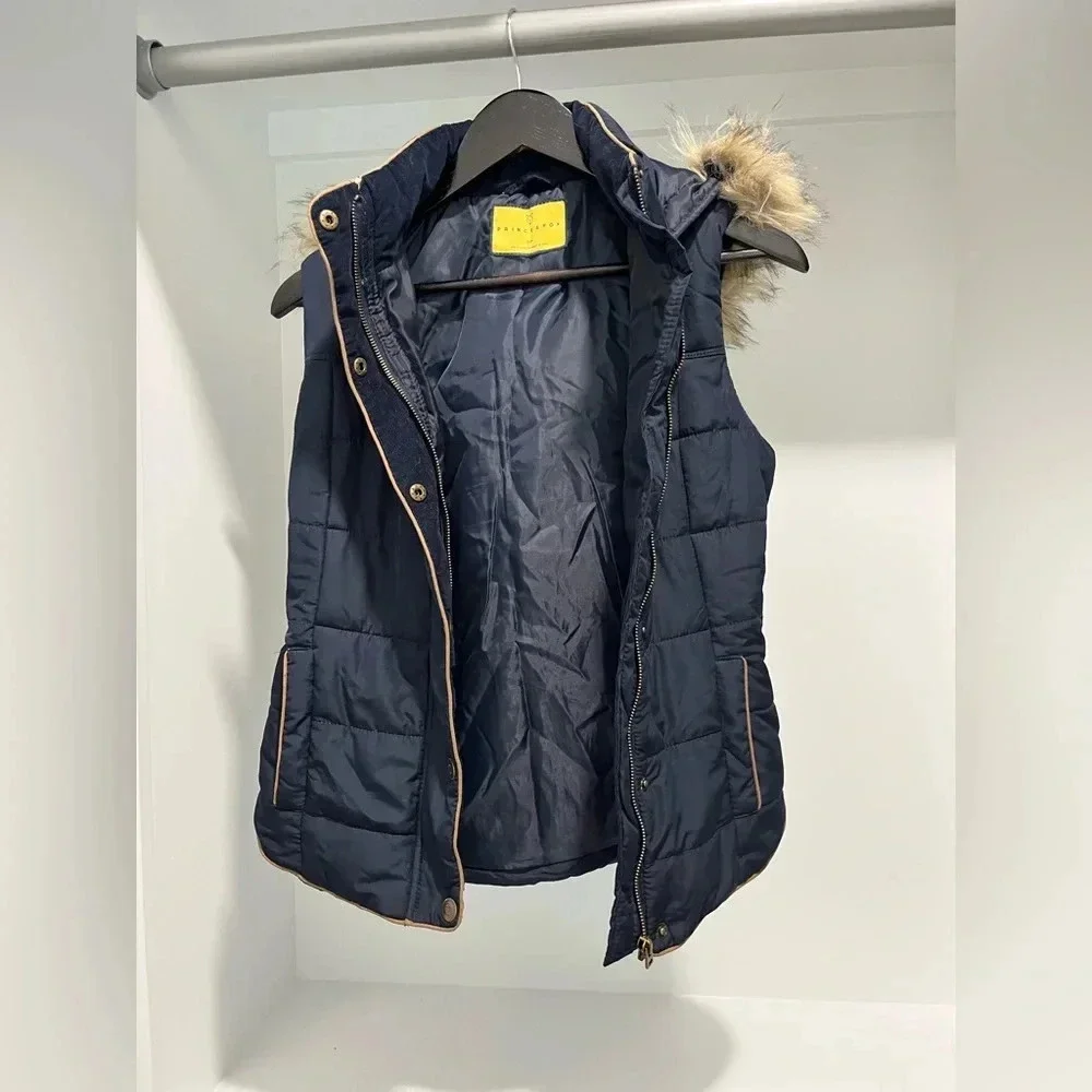 PRINCE & FOX navy puffer vest zip snaps removable fur trim hood pockets Small
